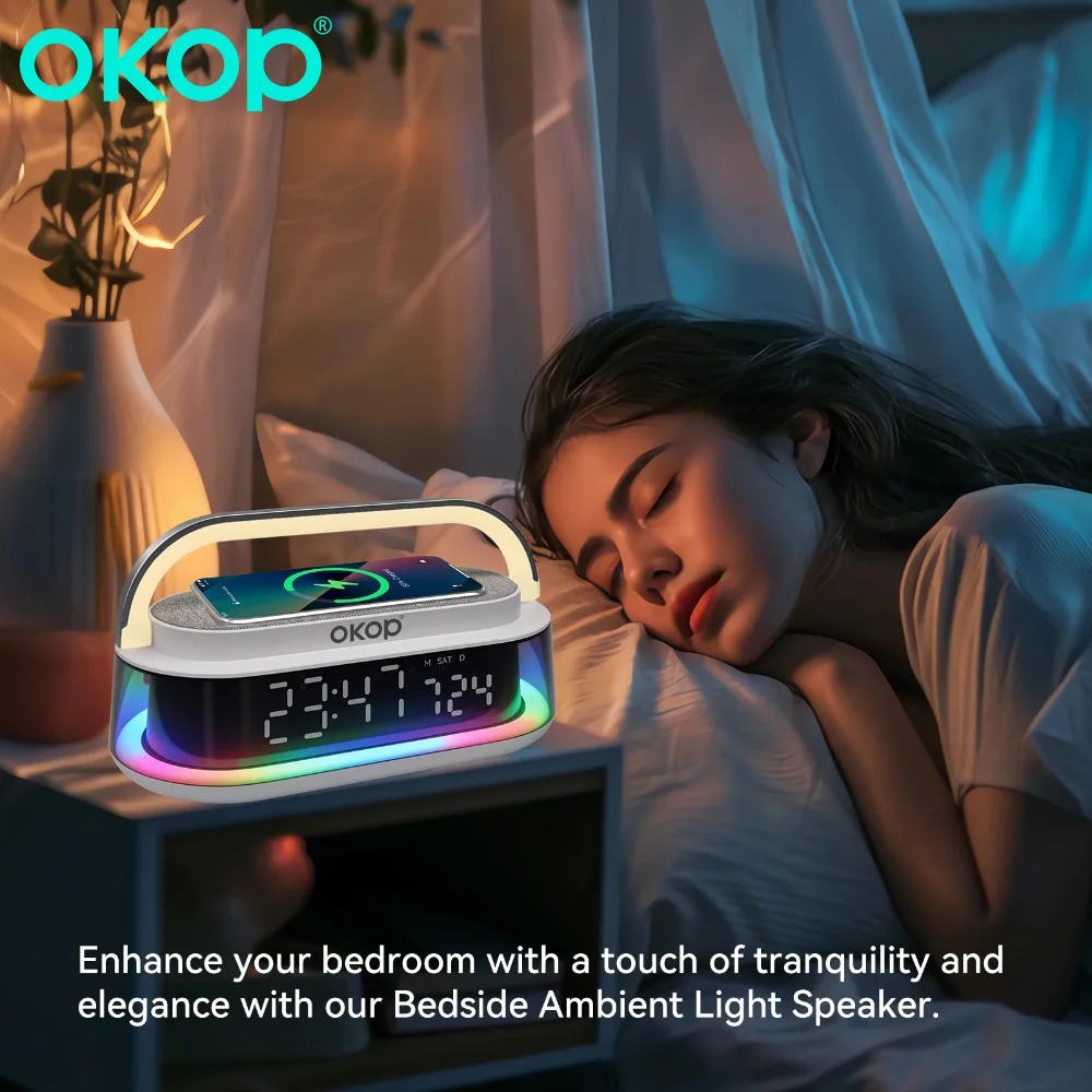 

OKOP 15W Bluetooth Speaker with Wireless Charging Desktop Alarm Clock RGB Ambient Light USB TF AUX Subwoofer