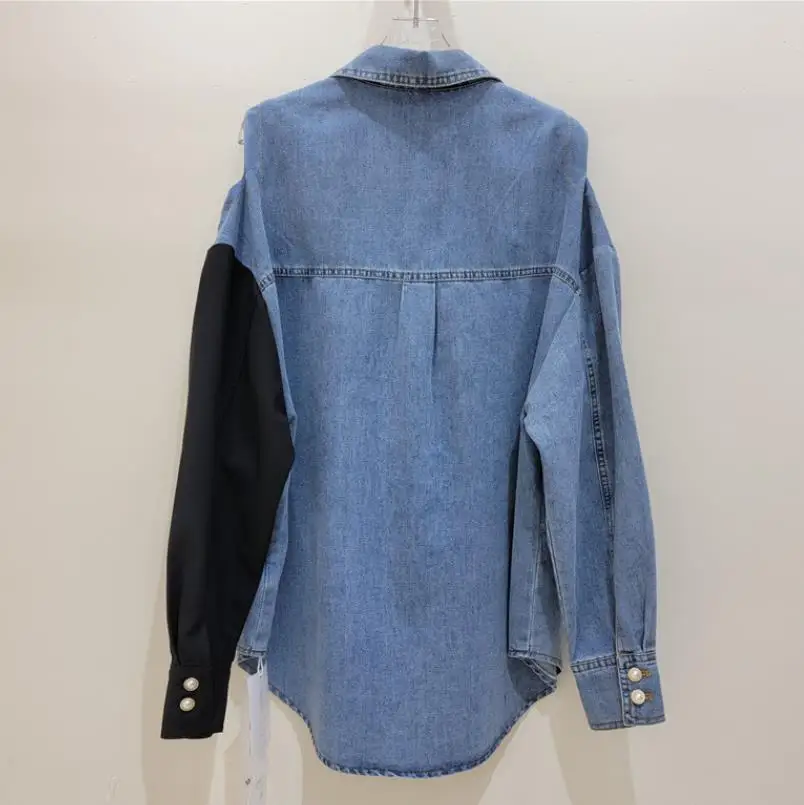 Hollow out design denim patchwork shirt for women 2023 new autumn loose fashion top female blouse Y4234