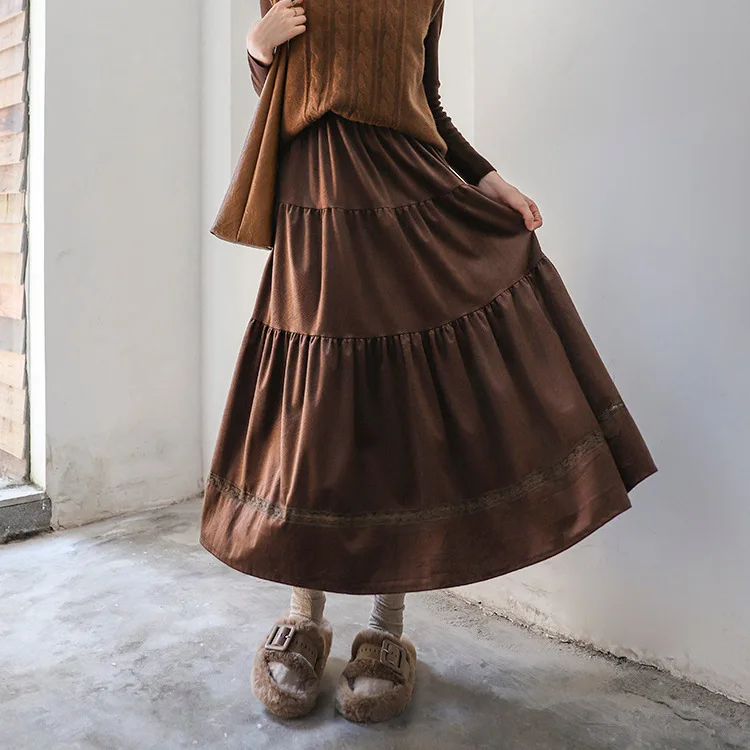 

Harajuku Elegance Coffee Tiered Cake Maxi Skirt Vintage Elastic Waist Lace Trim Casual Summer Boho A-line Flowy Skirt For Women