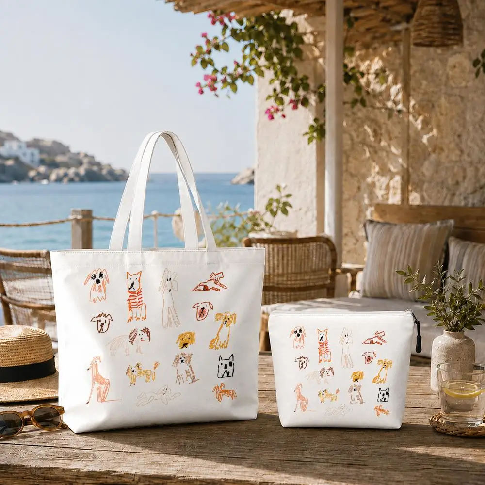 Interesting Dog Storage Bags 2-Piece Set Double-Sided Print with Zipper Canvas Eco Tote Bag for Beach Travel Picnic