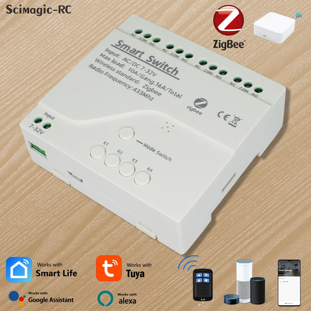 Zigbee 3.0 1/2/4 way Tuya RF Gateway Smart Switch 12V 24V AC DC Remote Control 433 Light Switch 10A Rele Relay Self-locking