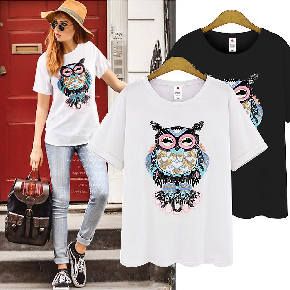 

2024 Summer Ladies New Tops Women Cute Owl Hand-Beaded Sequins T-shirt Camisetas Mujer Size S-5XL T-Shirt Women's Cotton Tees