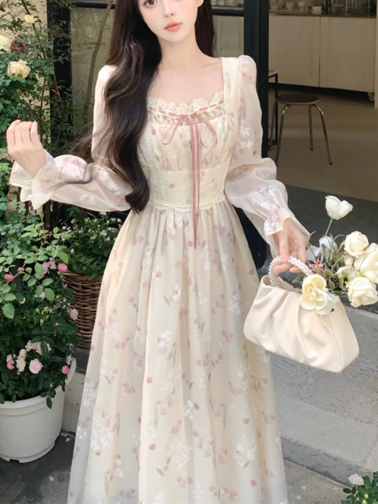 French Floral Print Fairy Midi Dresses for Women Square Collar Lace Patchwork High Waist Long Sleeve A-line Autumn Vestidos New