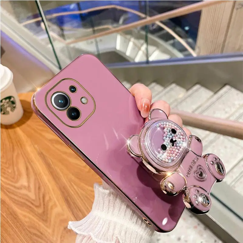 Cute Quicksand Bear Holder Plating Phone Case For Xiaomi Mi 12T 11T 12 13 10 11 Lite Mi13 13 Pro 13Lite 5G 8 9 9T Stand Cover
