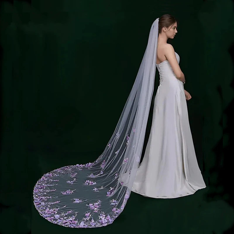 Lilac Purple Floral 3D Wedding Bridal Veils Comb Accessories Beaded Pearls For Brides Embroidered Lace Cathedral Long Unique