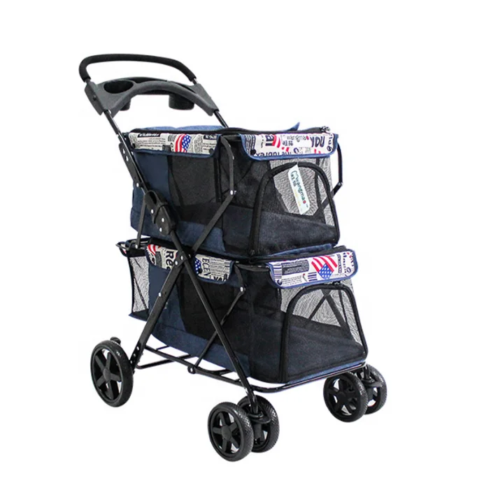 Outdoor Luxury Double Dog Stroller Foldable 4 Wheels Dog Pram  Trolley 3 in 1 Twin Pet Stroller for Dog Cat