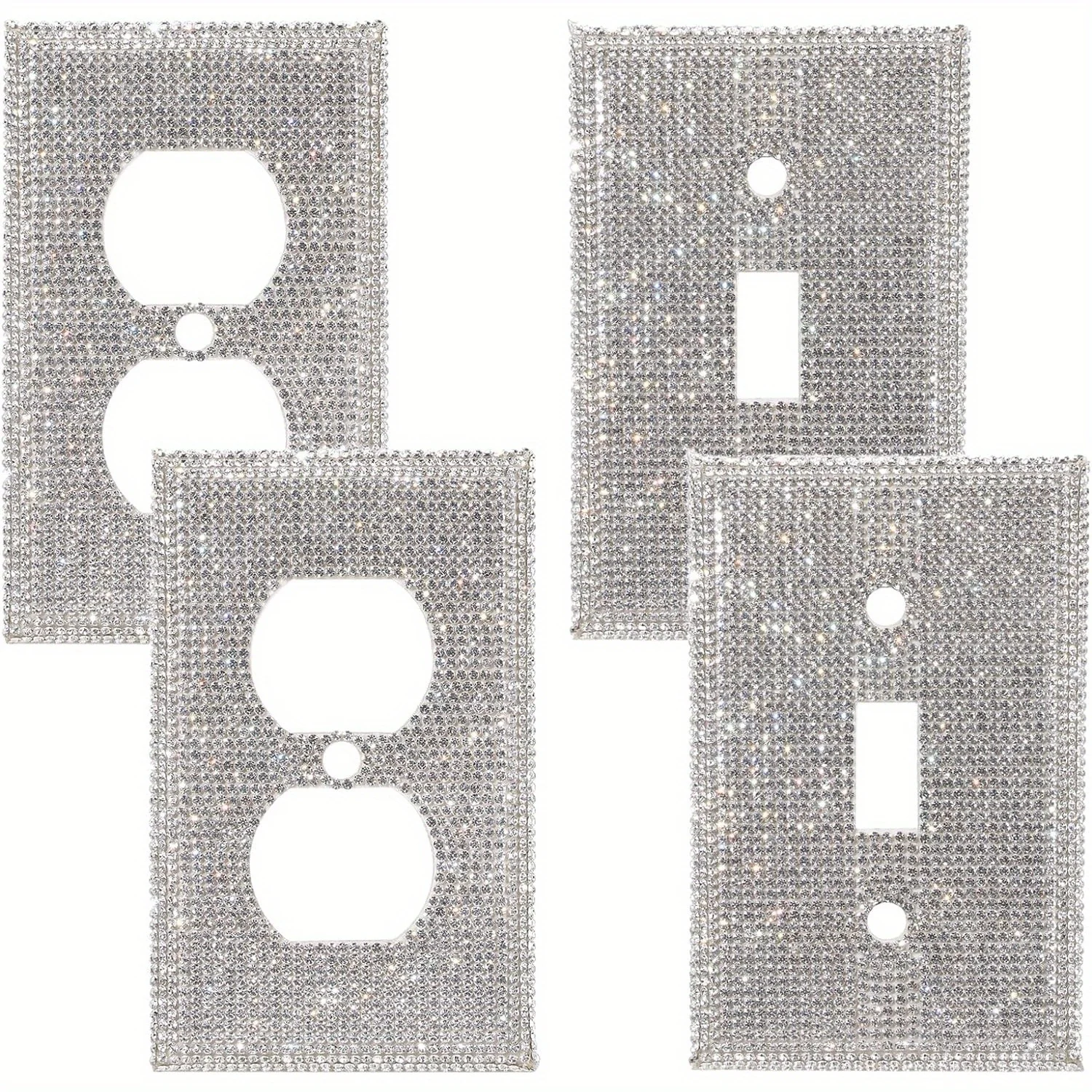4pc Silver Shiny Rhinestone Decorative Wall Panel Light Switch Cover for Duplex Socket
