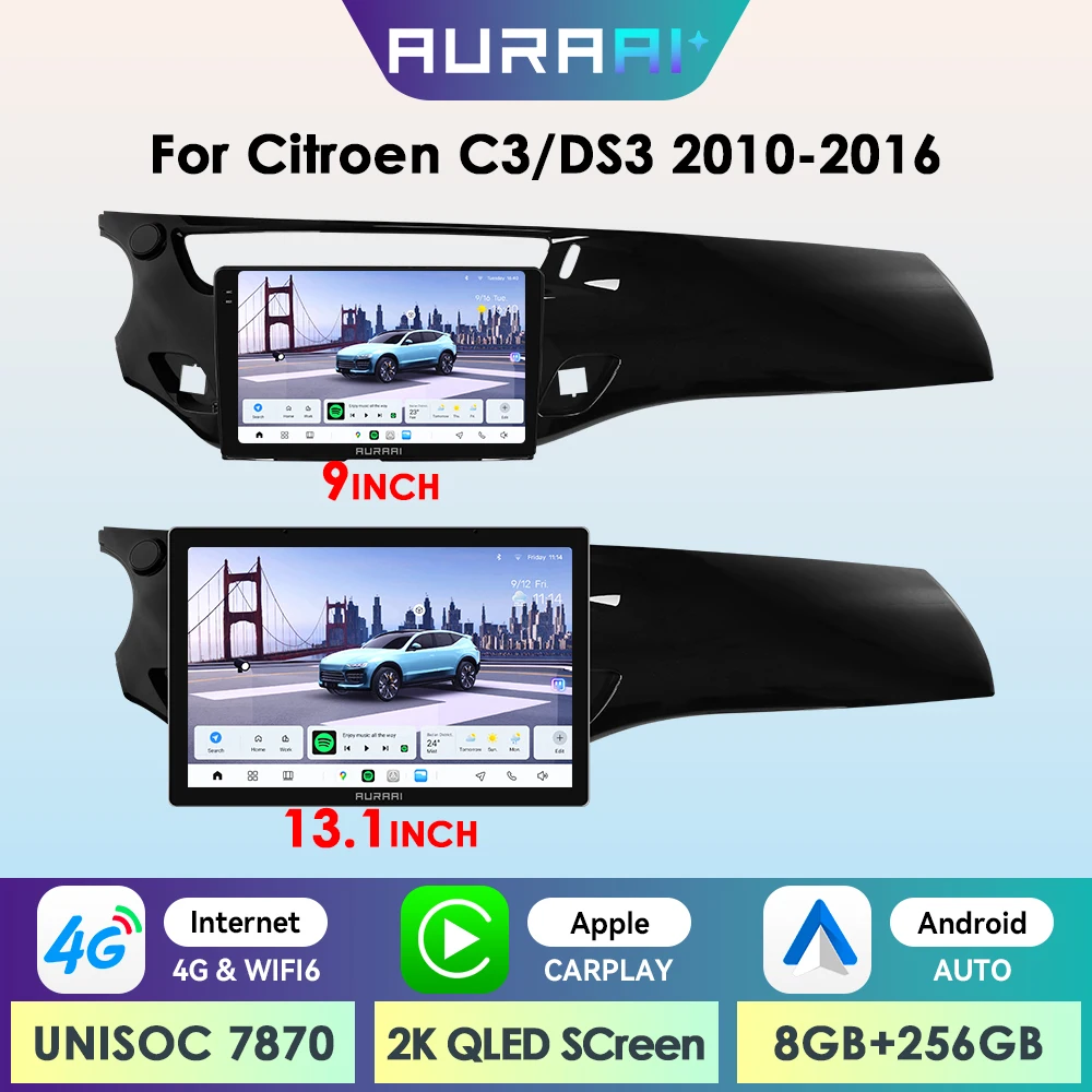 AURAIAI X100 2Din CarPlay Android Auto Autoradio per Citroen DS3 2010 - 2016 2K QLED Schermo BT 4G Doppio Microfono ADAS 360 ° CAM