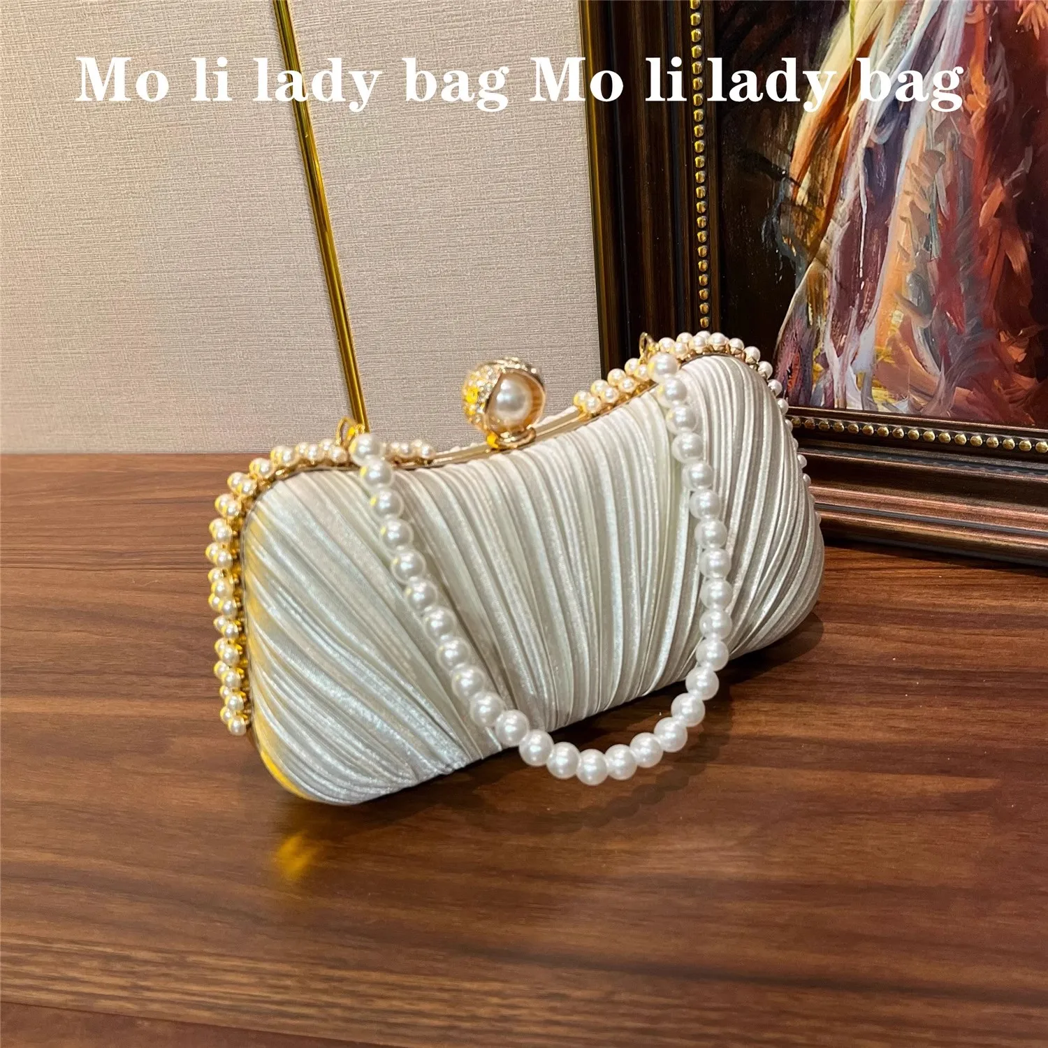 

Luxury Satin Pleated Square Bag Pearl Beaded Evening Bag High Quality Women's Handbag Wedding Party Clutch Purse Shoulder Bag