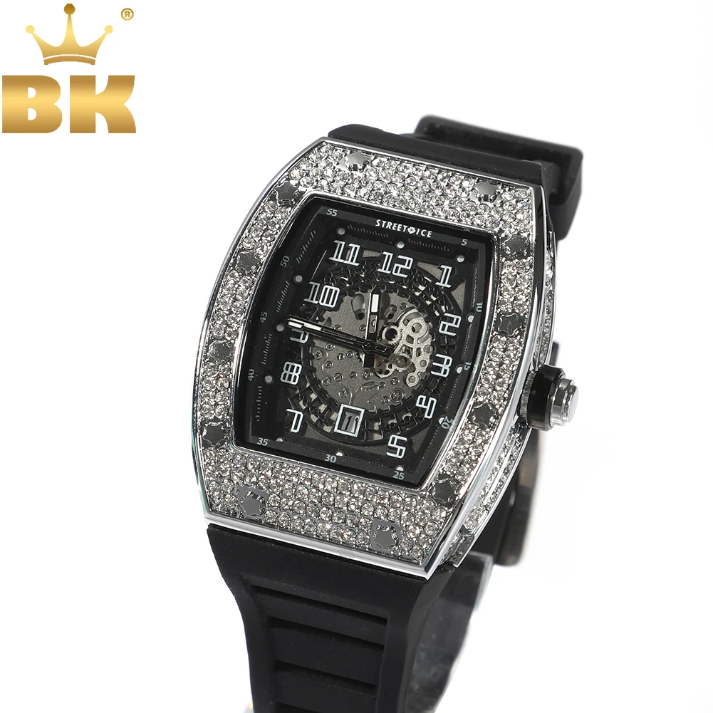 TBTK  Sqaure Dial Mechanical Watch Full Rhinestones Iced Out Wrist Watches With Black Belt For Men Women Fashion Gift