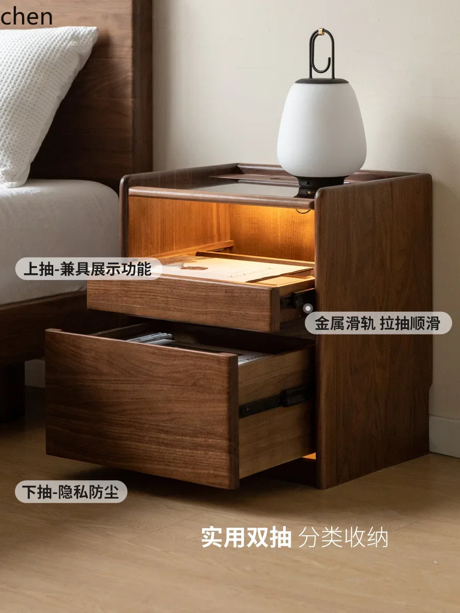 W5.19 solid wood bedside table, wind belt socket, bedside small cabinet, black walnut home drawer cabinet