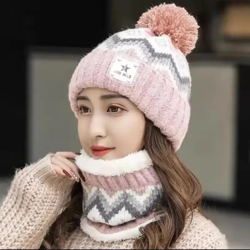 2PCS Winter Women Plush Velvet Hat Scarf Set Neck Warmer Windproof Beanie Cycling Outdoor Ear Protection Scarf