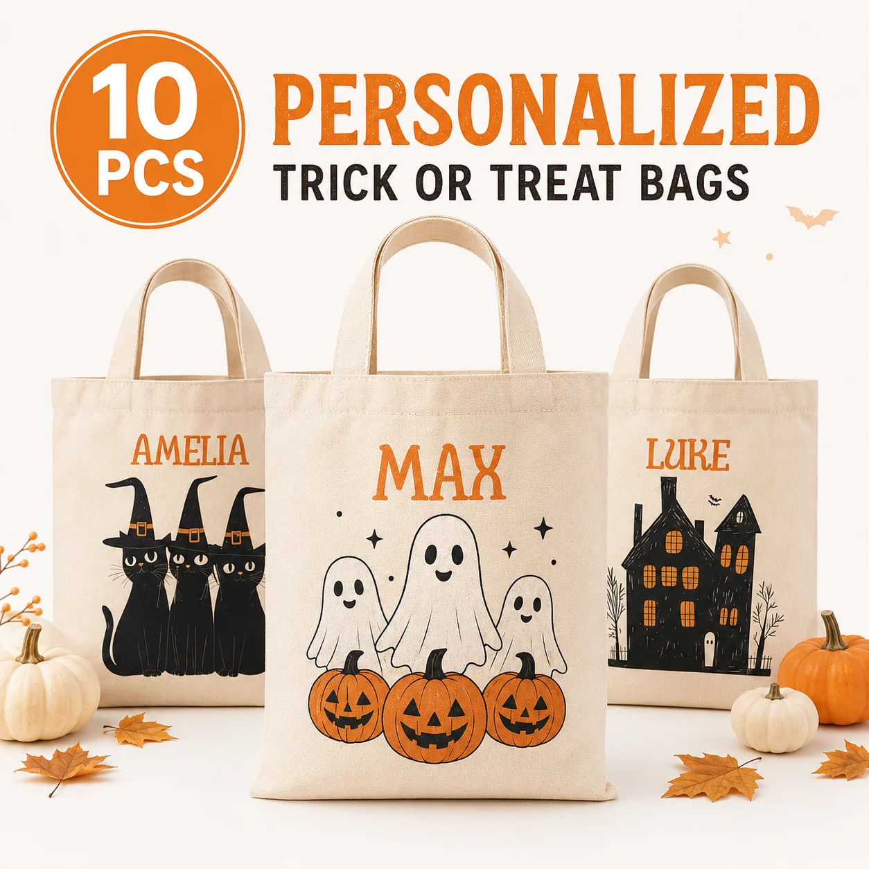 Personalized Name Halloween Canvas Tote Bag 10pcs Trick‑or‑Treat Candy Bag Custom Kids Halloween Goodie Holiday Gift Handbags