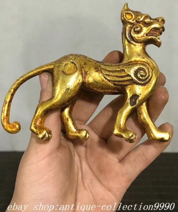 4.3'' Old Chinese Dynasty Bronze Gilt fengshui dragon loong beast statue