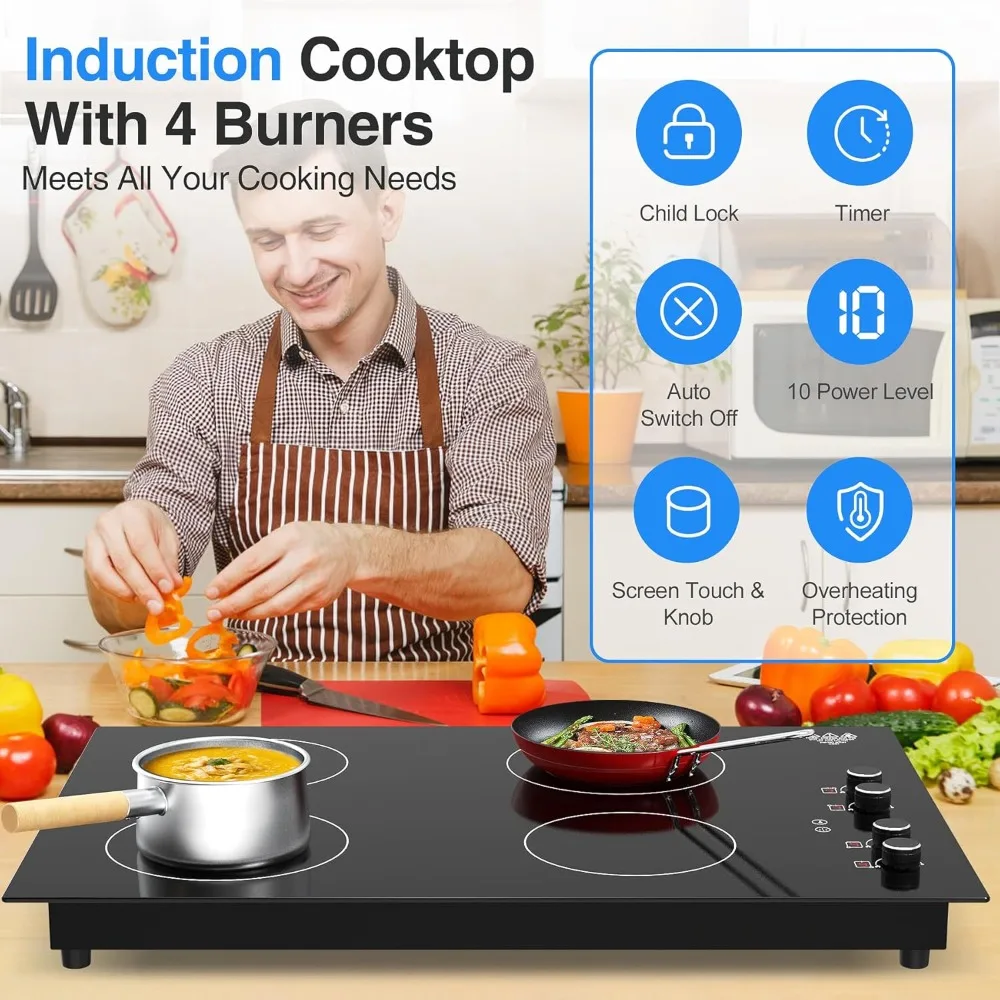 Cooktop de indução com 4 queimadores, cooktop elétrico embutido de 30 polegadas, controle de botão, bloqueio infantil, desligamento automático, display LED, temporizador