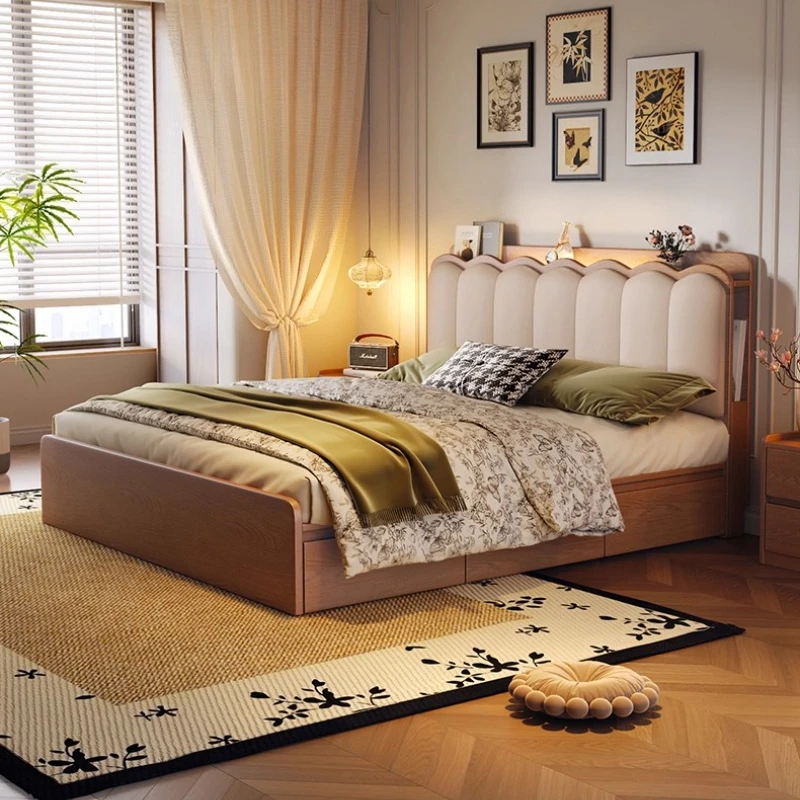 Walnut Color Bed Minimalist Modern Pneumatic High Box Storage Bed with Light and USB Charging Interface Furniture Bed 2 People
