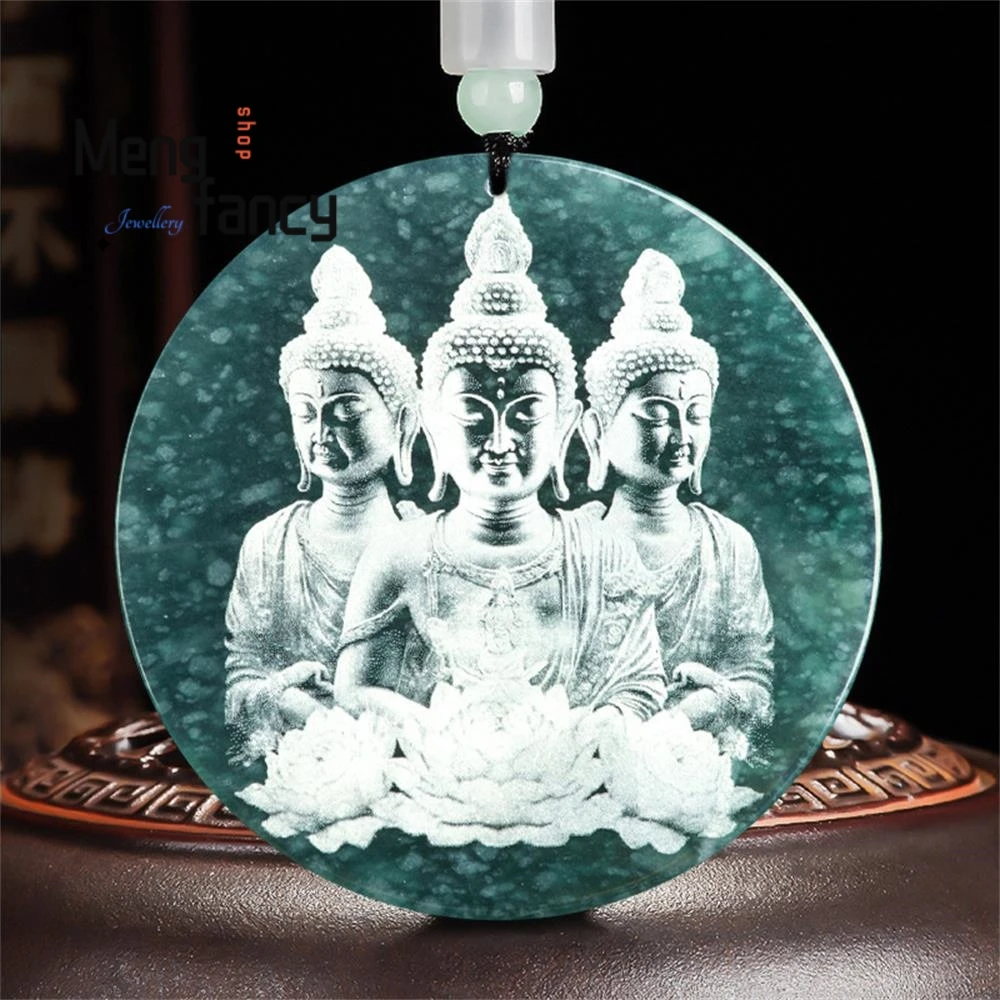 

Natural A-grade Jadeite Blue Water Stone-shadow Carving Buddha Statue Guanyin Buddha Ice Seed Jade Pendant Charm Fashion Jewelry