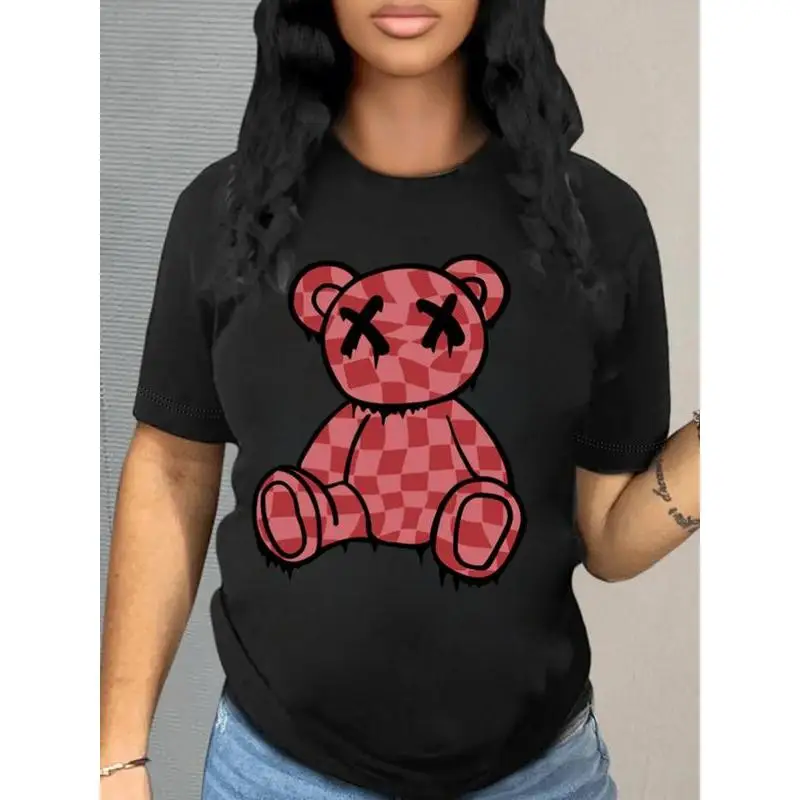 

Grunge Aesthetic Teddy Bear Graphic T-Shirt, Gothic Checkered Bear Top, Streetwear Emo Punk Style,Loose Fit Summer Tee for Women