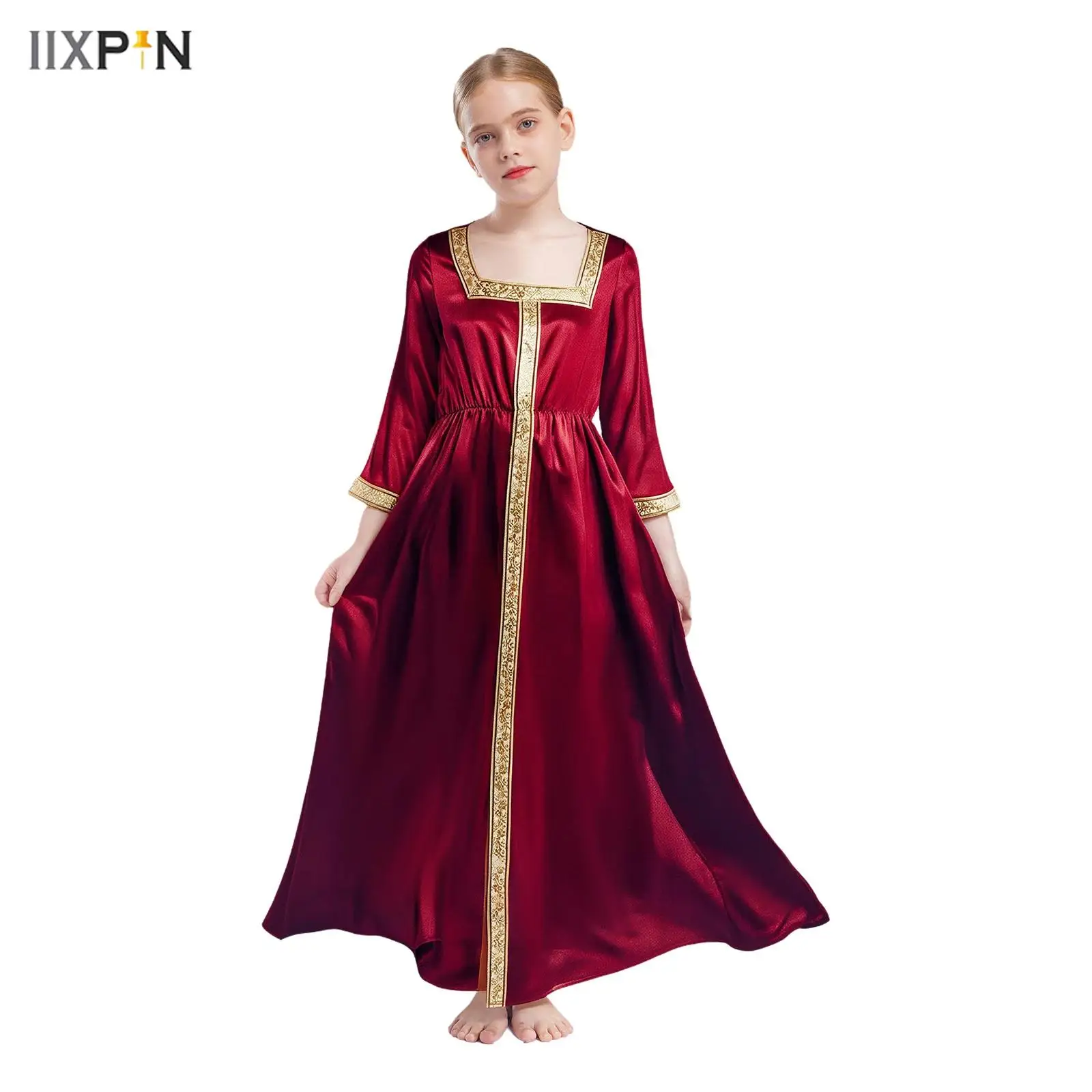 

Girls Abaya Dress 3/4 Sleeve Square Collar Ramadan Arabic Muslim Maxi Dress for Halloween Role Play Theme Party Masquerade Robe