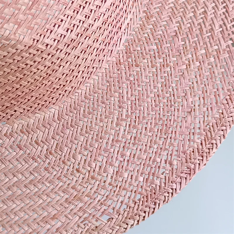 Pink Natural Grass Panama Hat Sisal Straw Hat Handmade Hat featuring Pearl Chain Flat Top Sun Hat Women's Cap