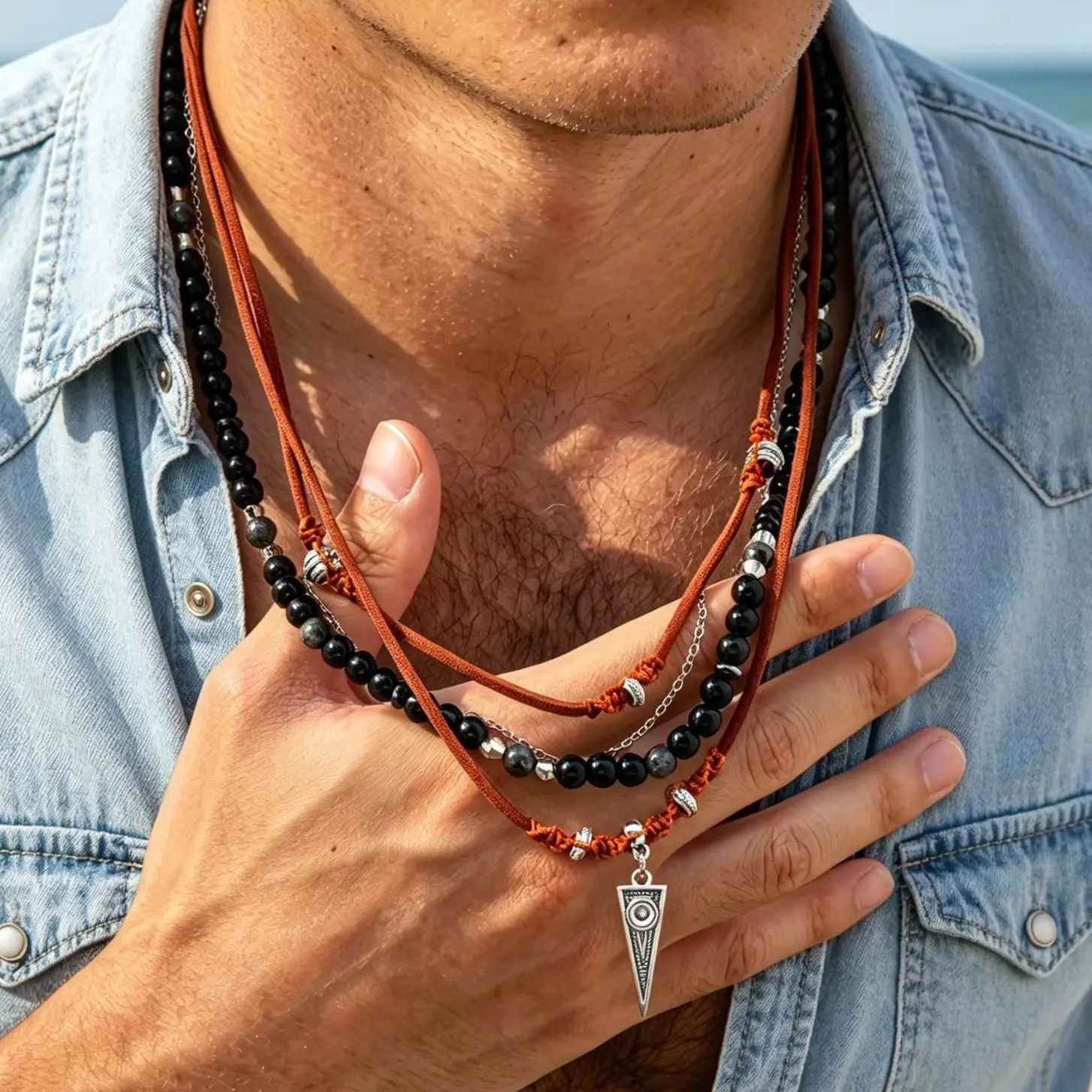 Punk Multi Layering Necklace for Men Black Agate Beaded Leather Chain Geometric Triangle Pendant Necklace Boho Stylish Jewelry