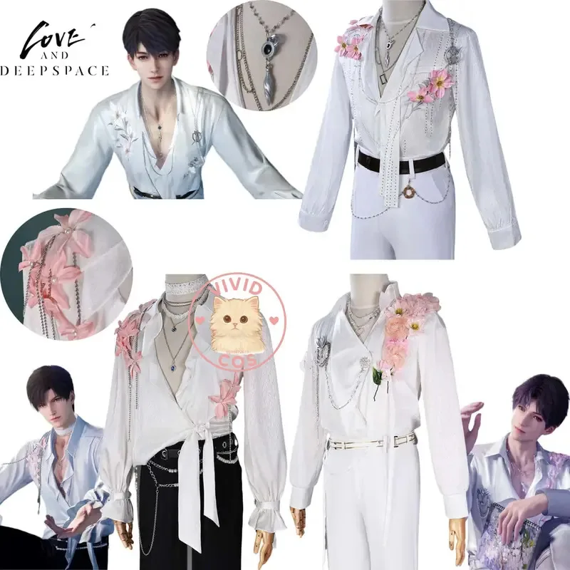 

Hot Game Love and Deepspace Cosplay Costume Caleb Zayne Rafaye White Shirt with Flower for Men Women Comic Con Party Clothes