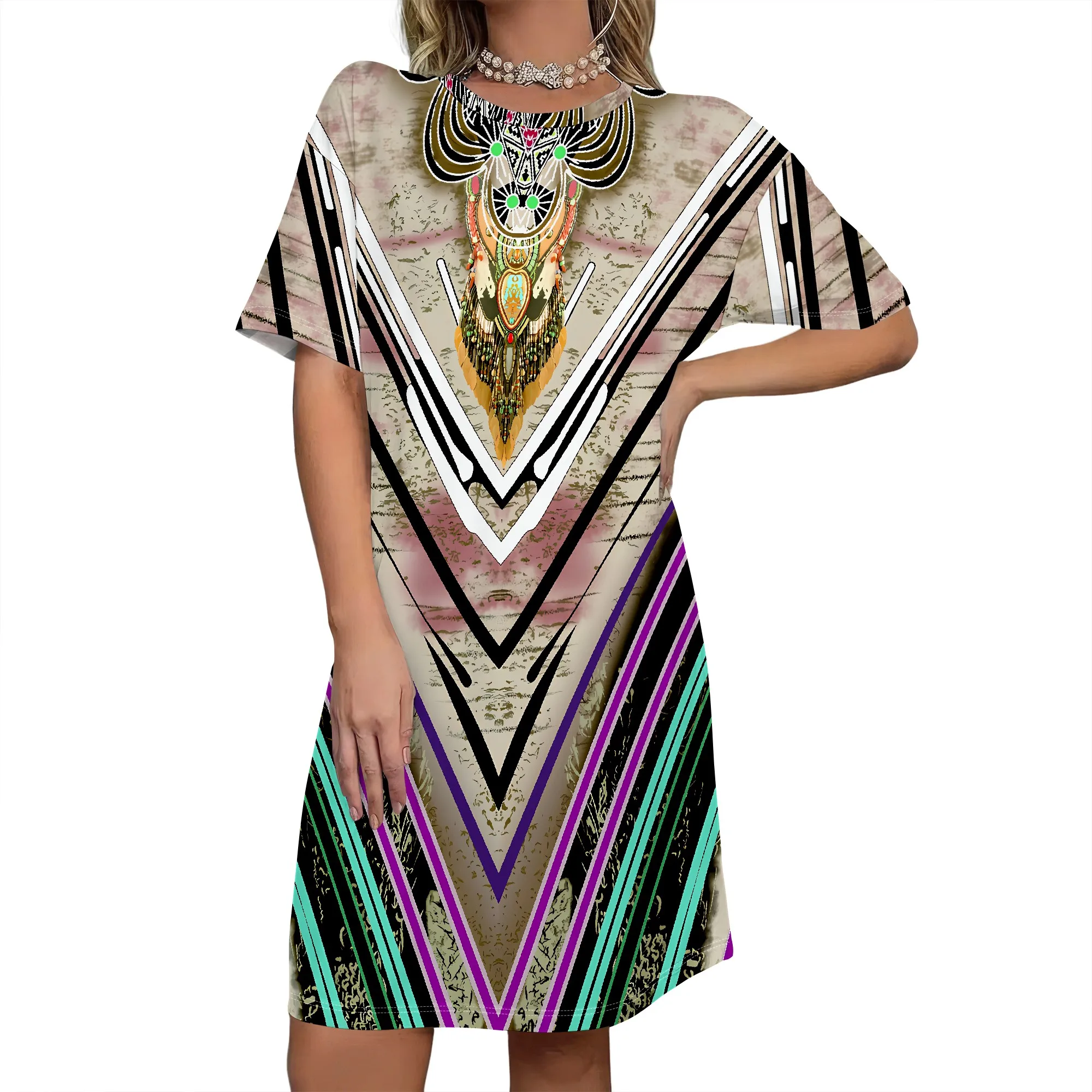 Owl Print, Short Sleeve Dress, Boho Tunic, V-Neck Shift, Geometric Pattern, Vacation Beachwear, S-2XL