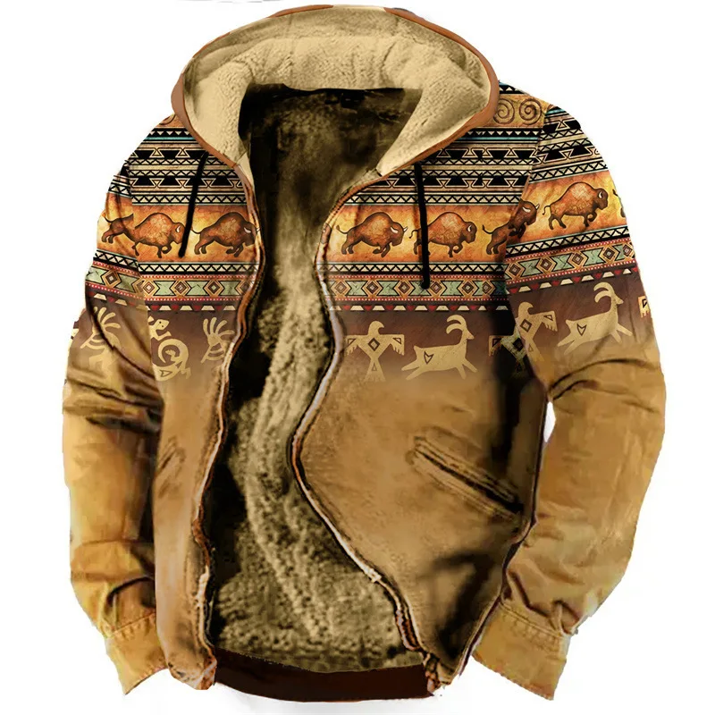 

Multicolor Pattern 3D Digital Print Hoodie Jaet with Brown Cotton Workwear orm M Spring Season
