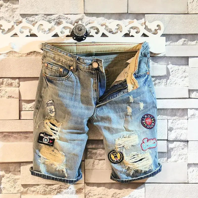 Straight Graphic Man Denim Shorts Knee Length Multi Color Long Half Short Jeans Pants for Men Ripped Harajuku Blue Y2k Hip Hop