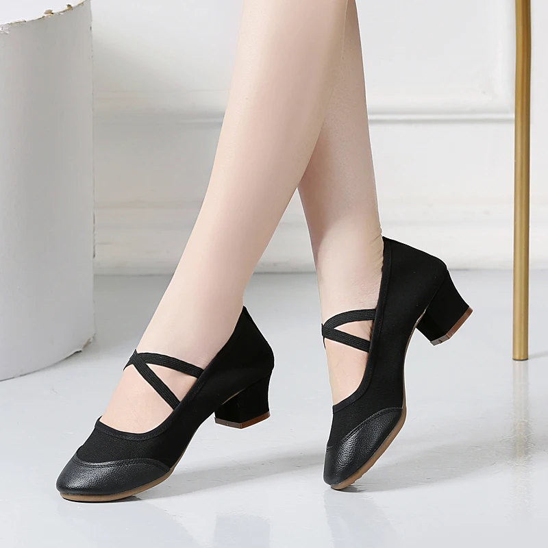 Women New Modern Dance Shoes Girls Standard Canvas Dancing Shoes High Heeled Ballroom Latin Dance Shoes for Women 4.5CM Heel