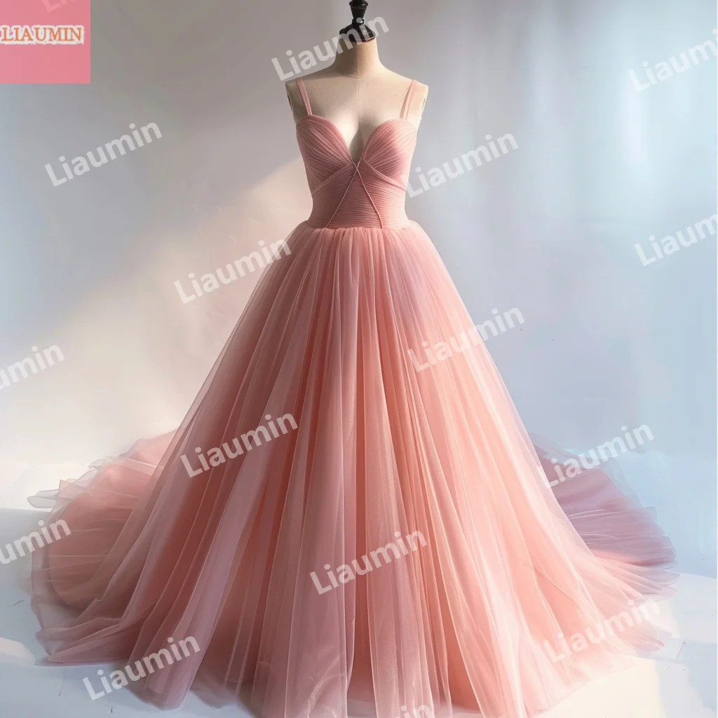 

Custom Pink Tulle Pleat Lace Up Back Summer Prom Dress Spaghetti Strap Floor Length Strapless Evening Dresses Formal W15-48.9