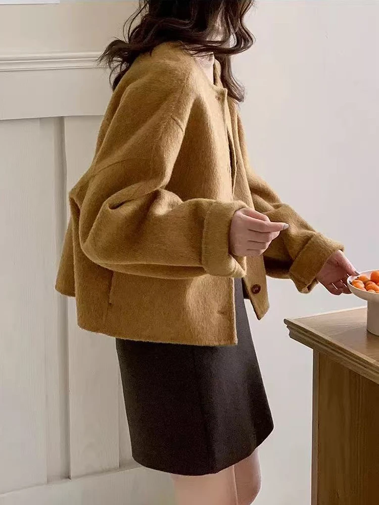 여성용 인조 울 코트 한국 스타일 우아한 루즈 싱글 브레스티드 크롭 재킷 봄 럭셔리 오피스 레이디 올 매치 블렌디드 아우터웨어