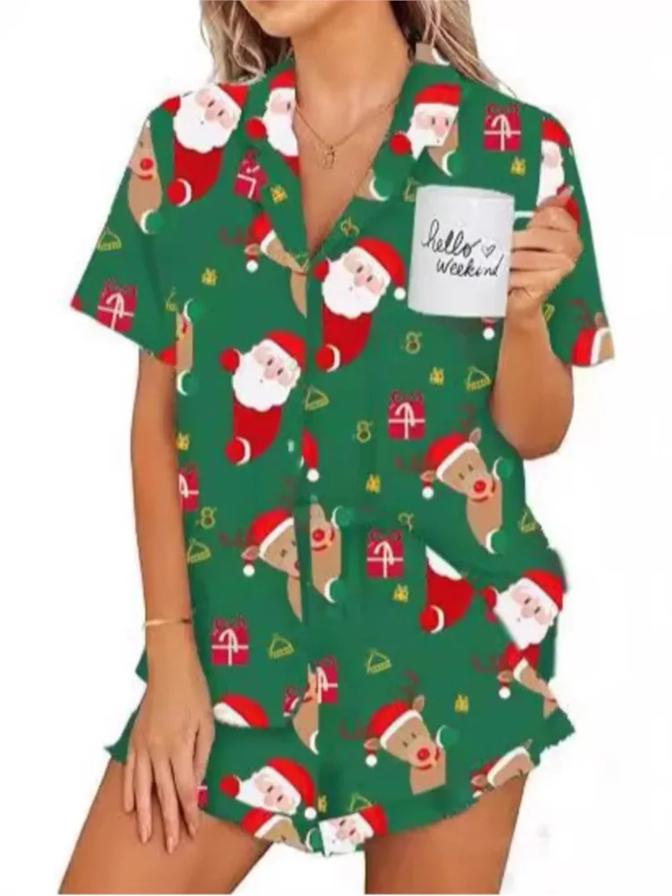Novo conjunto de pijama casa wear feminino natal impresso duas peças de manga curta conjunto moda solta casual duas peças roupas mulher