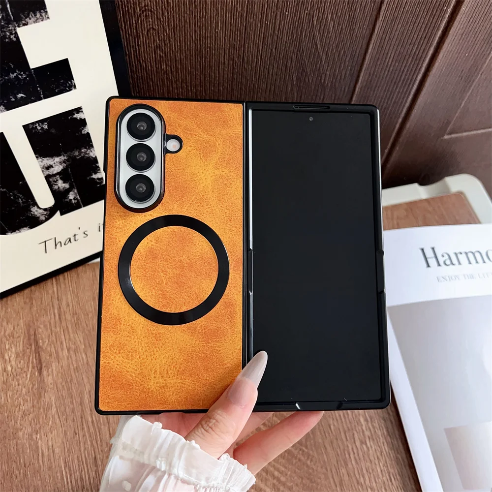Magnetische Leder-Handyhülle für Magsafe Wireless Charge für Samsung Galaxy Z Fold 7, 6, 5, 4, 3, 5G, ZFold 7, schützende Stoßstangenabdeckung