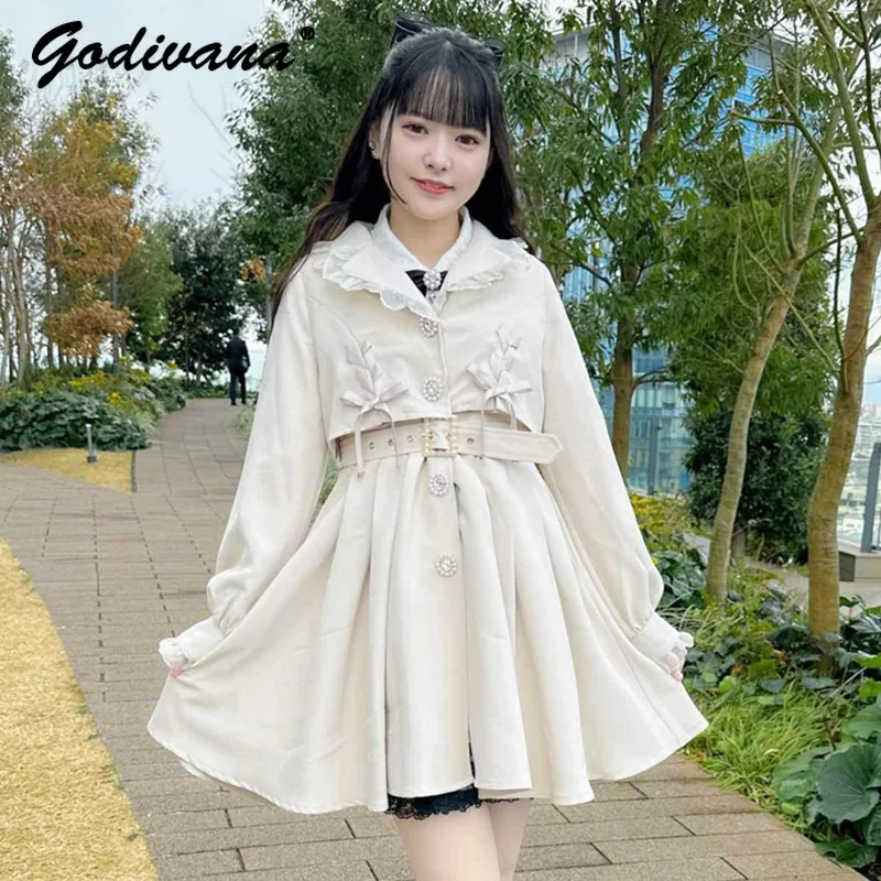 Japanese Style Rojita Autumn and Winter Sweet Single-breasted Overcoat Rhinestone Belt Lace-up Mine Mass-Produced Trench Coat