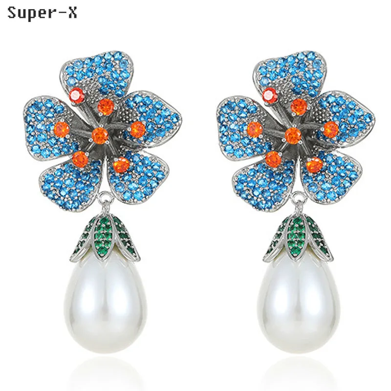 

shiny zircon Blue Pink flower Earrings for Women Luxury Jewelry Pearl drop pendant Earrings elegant sweet jewelry Party Gift