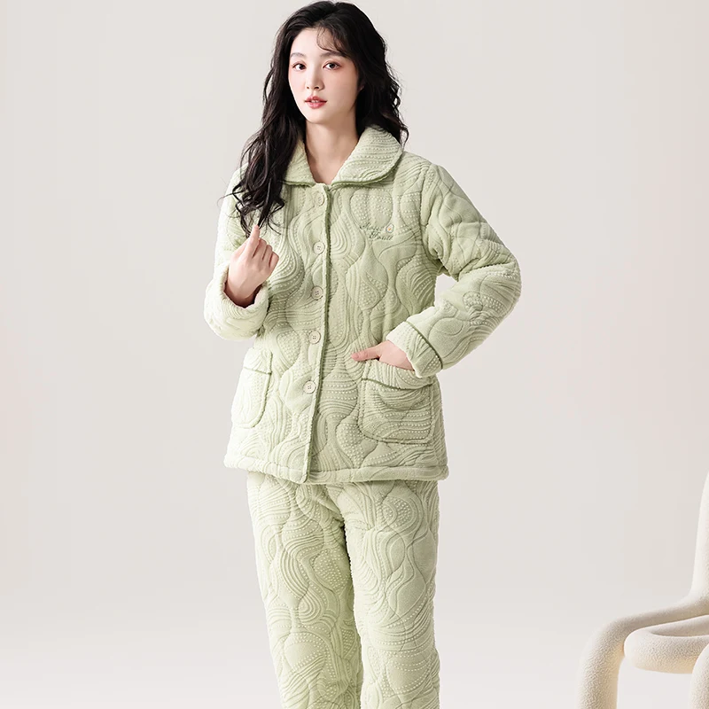 High Quality Winter Thick Warm Female Homewear Women's Clothing Three Layer Clip Cotton Sleepwear