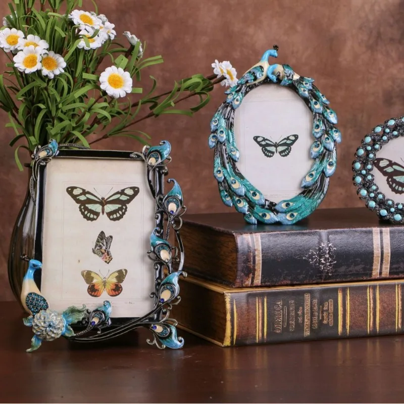 Pastoral photo frame creative peacock blue oval literary retro ornament picture frame studio wedding photo children's photo fram