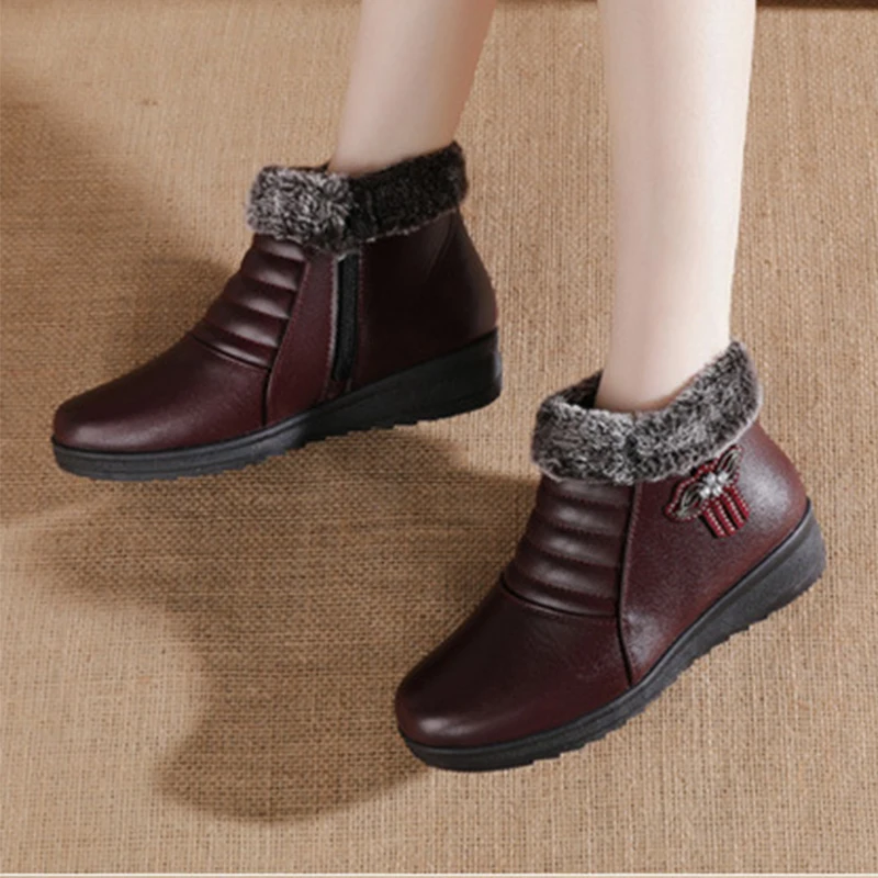 Autumn Winter Women Boots Outdoor Pu Leather Waterproof Flat Ankle Boots Plus Size Plush Warm Snow Boots Mother Cotton Shoes