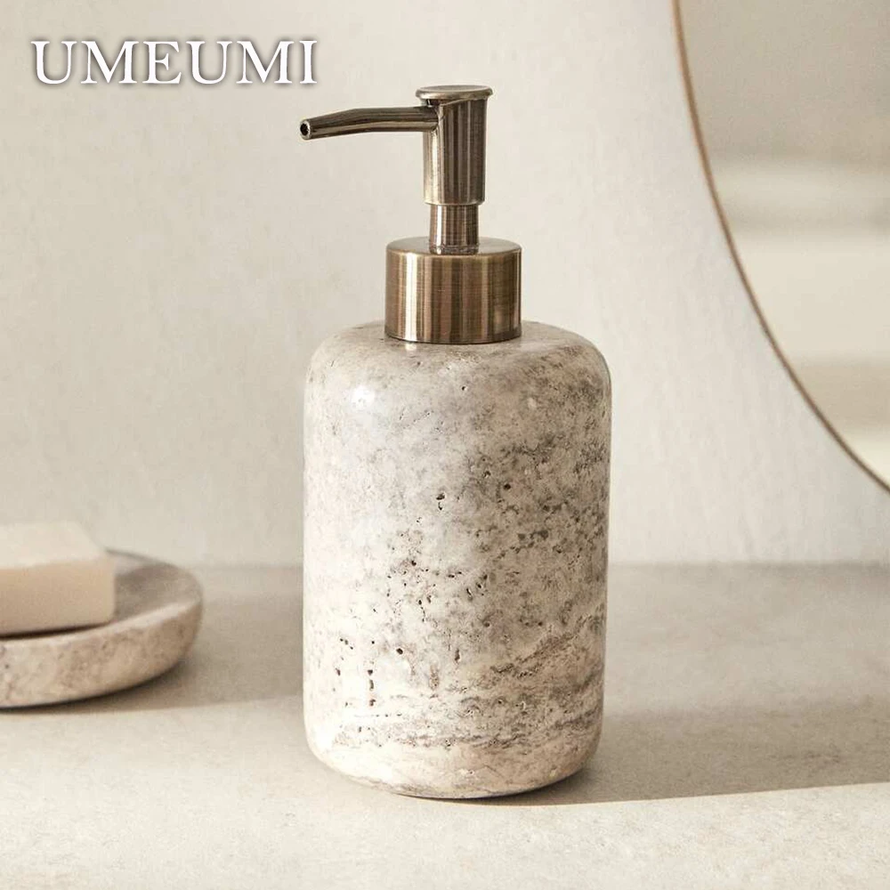 Natural Bathroom Natural Marble Set Gray Travertine Soap Bottle Toothbrush Holder Stone Home Decoration