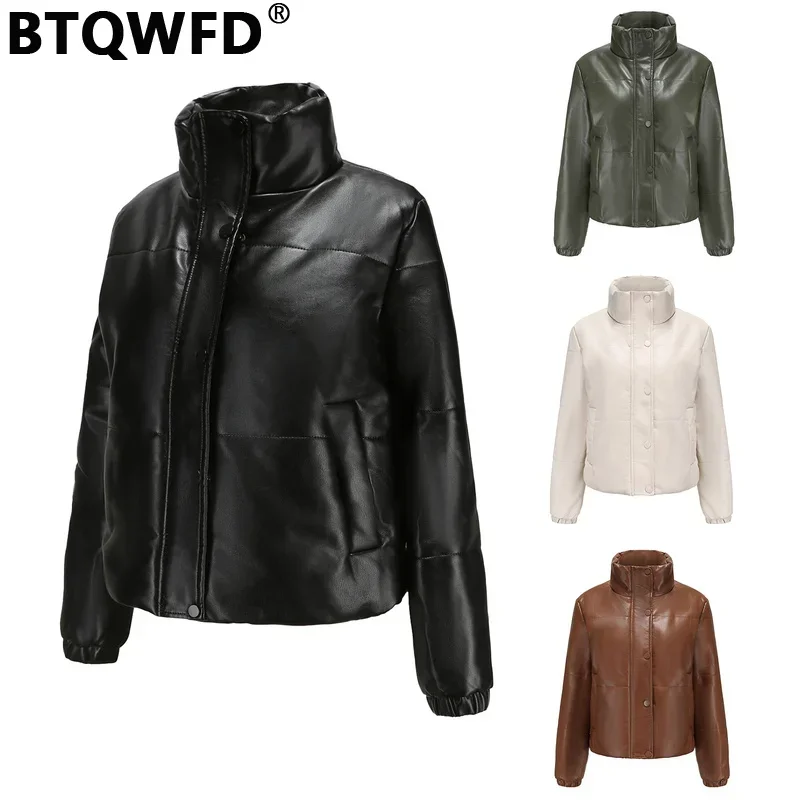 

BTQWFD Winter Thicken Jackets Women's Stand Collar Coats 2024 New Parkas Female Clothing PU Leather Motor Biker Tops With Pocket