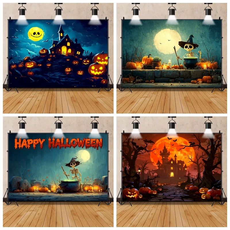 

Halloween Theme Photography Background Large Size Castle Grave Terror Festival Cute Cartoon Children Room Decoration Banner
