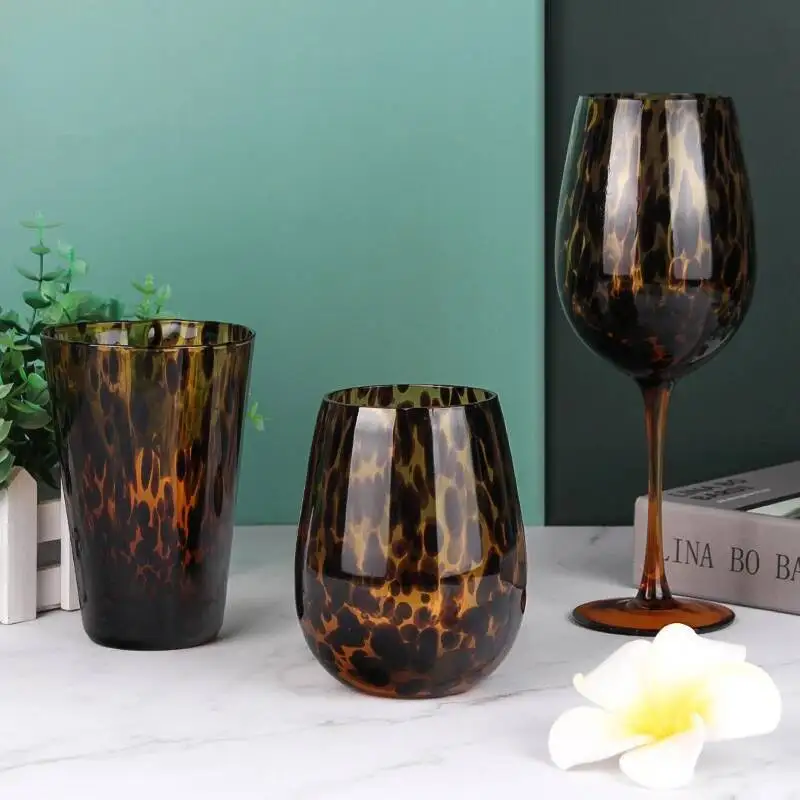Amber Leopard Spot Crystal Glass Cup Medieval Vintage Drinkware Glassware Handmade Egg Shape Water Teacup Wine Goblet Beer Mug