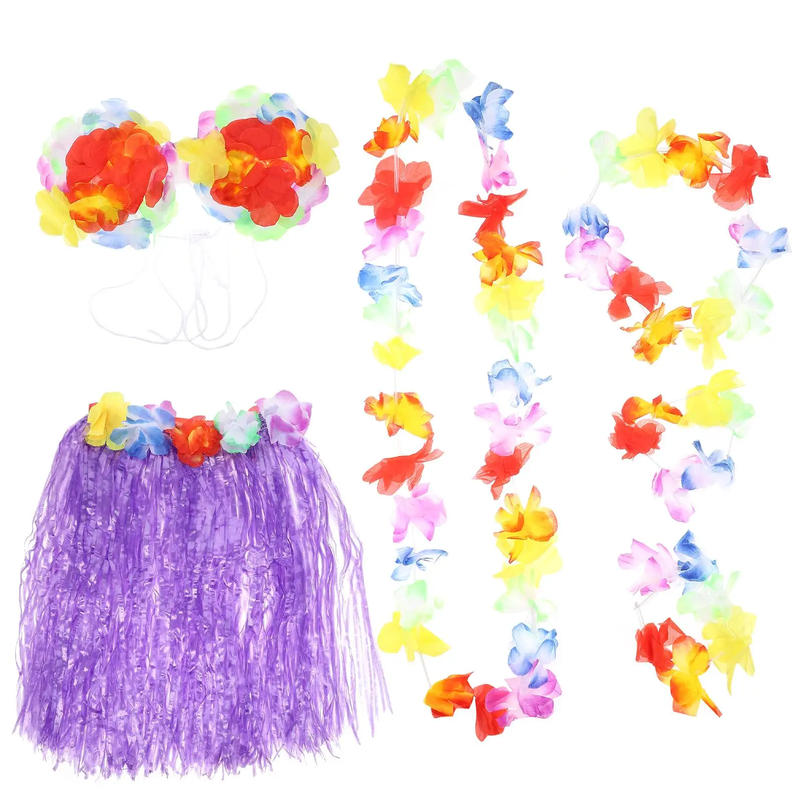 

6 Pcs Dance Costume Kids Grass Skirt Set Elastic Waist Party Accessories Flower Headband Necklace Bracelets