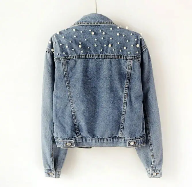 APIPEE New 2024 Pearl Beaded Short Denim Jacket 5Xl Women's Long Sleeve Retro Casual Denim Jacket Bomber Denim Jacket