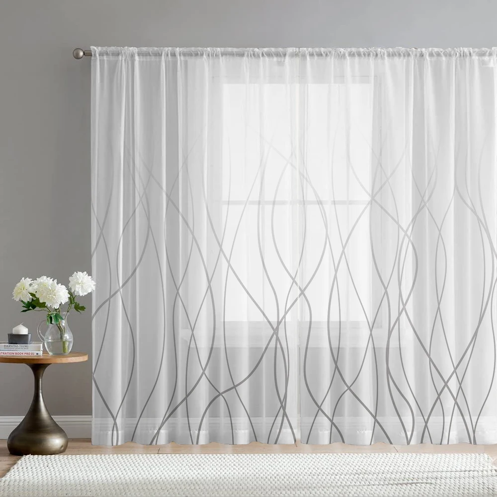 2PCS Home decoration window screen, gray striped printed pole bag curtain, suitable for kitchen, coffee shop, living room