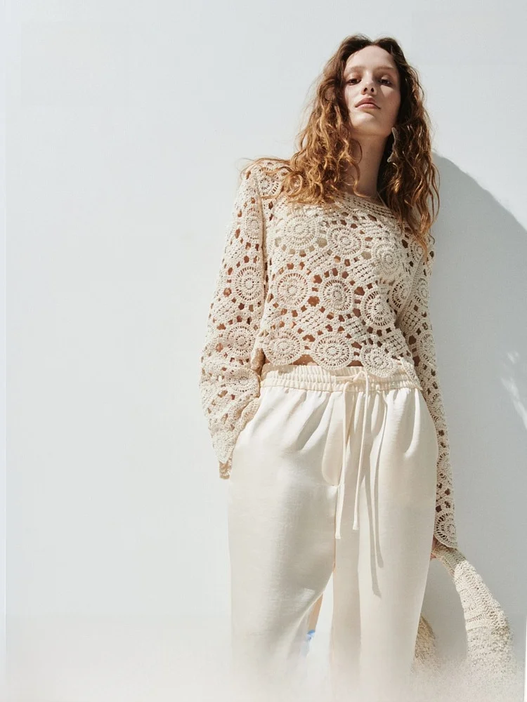 

Spring New Women's Faion Knitted Hollow out Hooked Top Loose Fit Regular Thin Vintage Sle H&M 329587