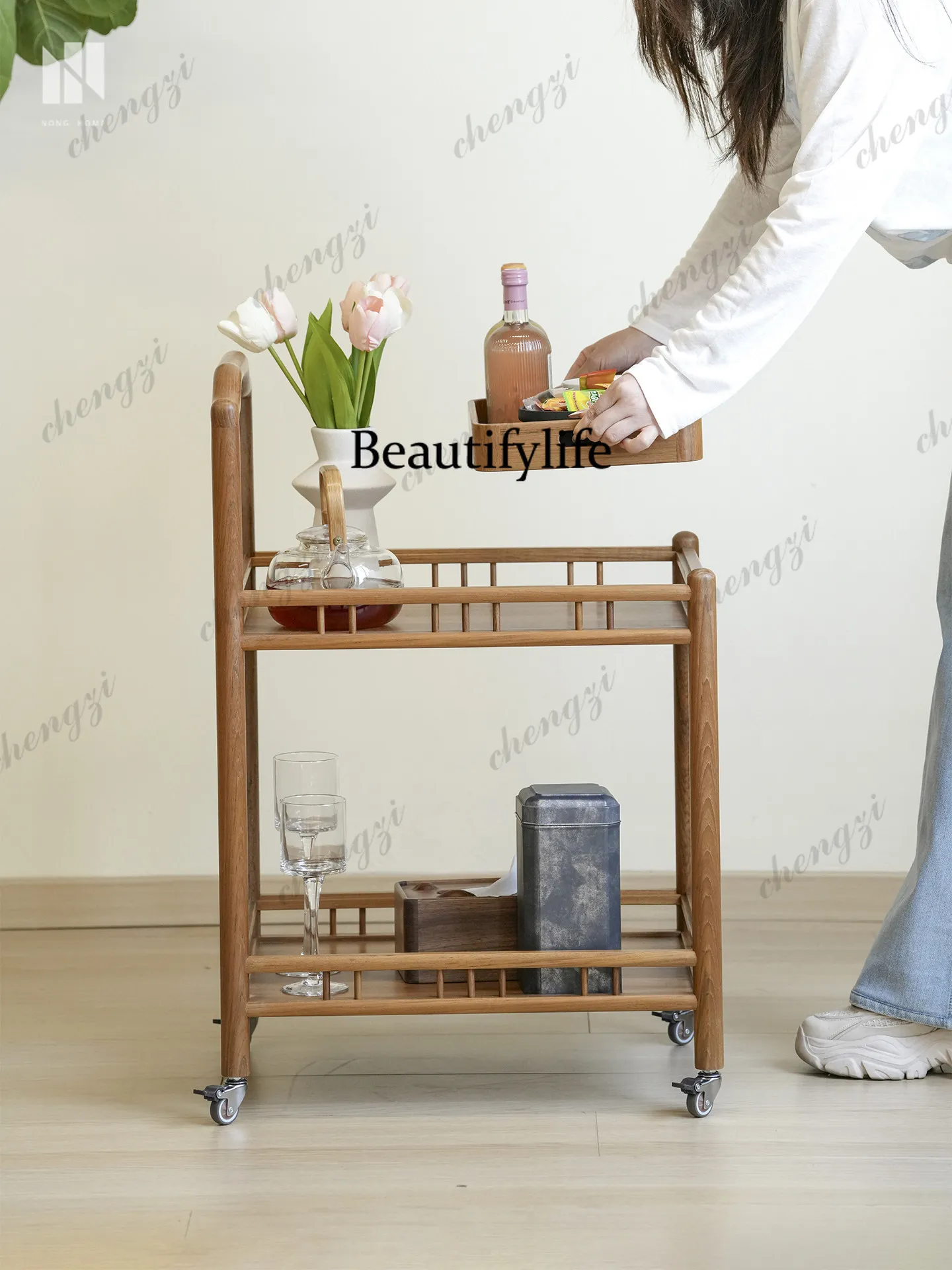 Solid wood trolley multi-functional movable side few retro style double-layer storage cabinet dining car