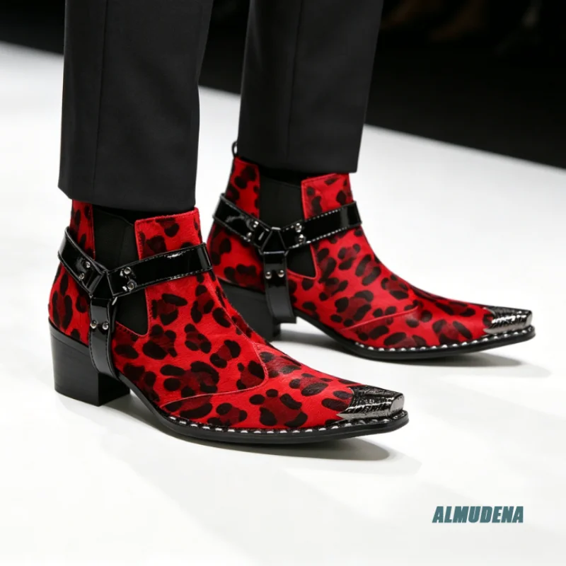 Red Leopard Pattern Pointed Square Toe Low Heel Ankle Boots Men's Street Style Urban Versatile Club Stage Fashion Dress Shoes
