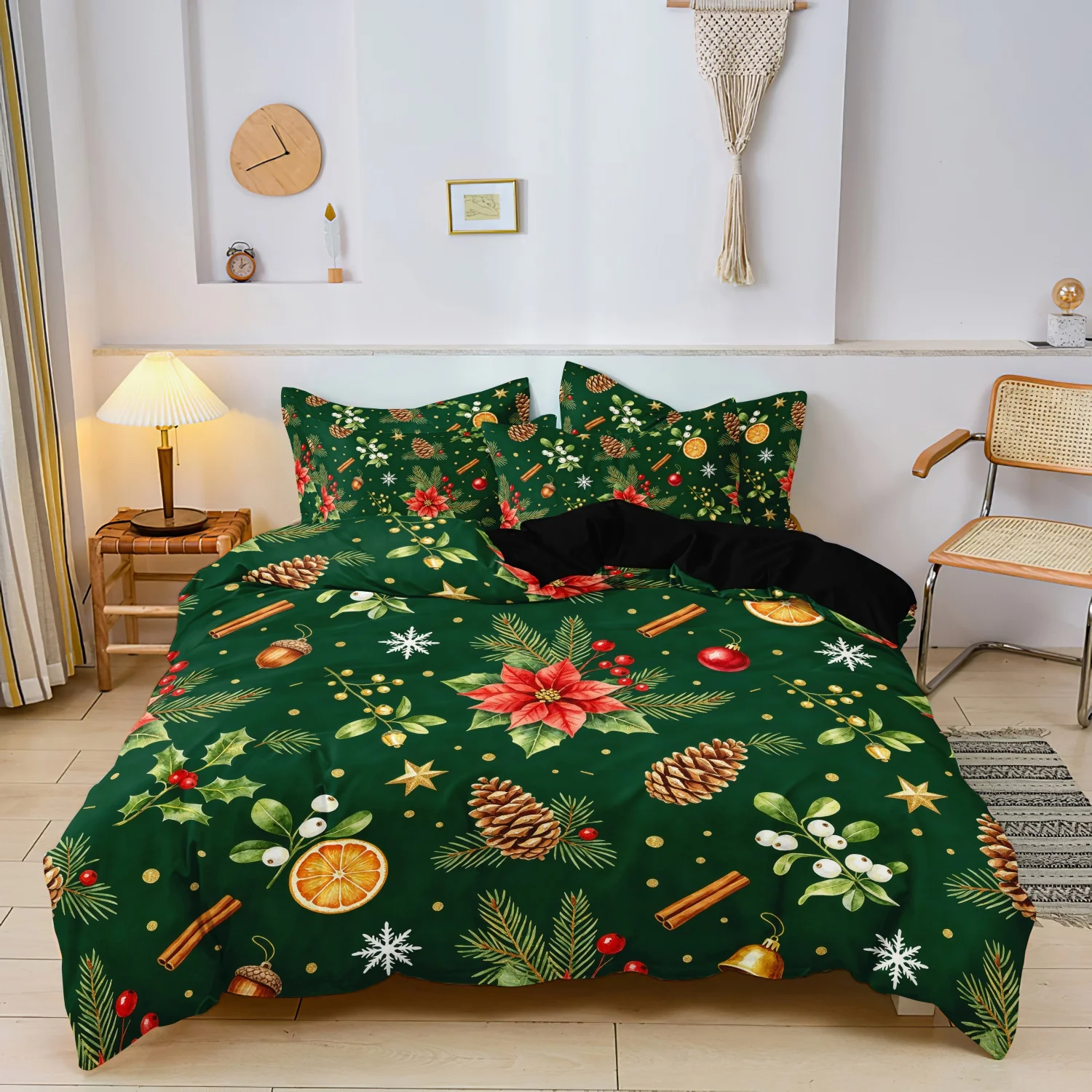 3pcs Green Christmas Duvet Cover, Winter Botanical Print Pine Cone Orange Slice Poinsettia Holly Snowflake Pattern Bedding